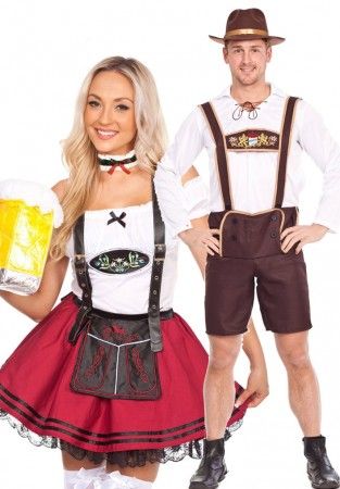 Couples Red Lederhosen oktoberfest Outfit Costume Tavern Bartender, Waitress Outfit, Oktoberfest Outfits, Halloween Parejas, Oktoberfest Costume, Beer Outfit, Oktoberfest Outfit, Carnival Festival, Dirndl Dress