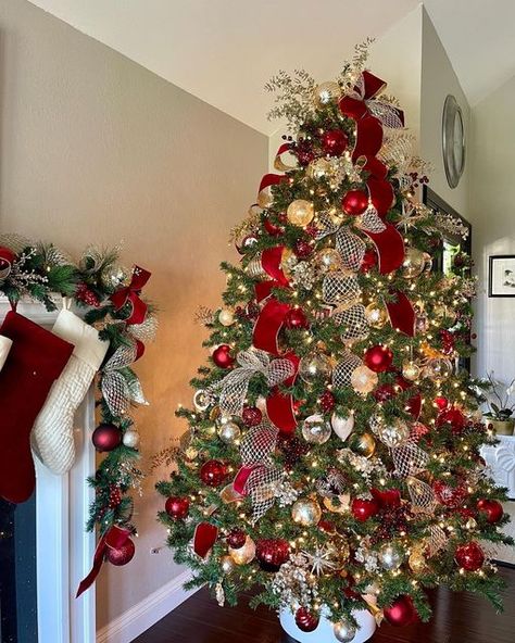 Adriene on Instagram: "Forever my favorite color ♥️ #christmas #christmastree #christmasdecor #redribbon #ribbon #red #redandgold #sparkjoy" Striped Christmas Tree, Billlie Haruna, Colour Christmas, Christmas Centerpiece Ideas, Decorated Trees, Christmas Tree Inspo, Florida Christmas, Christmas Layouts, Elegant Christmas Trees