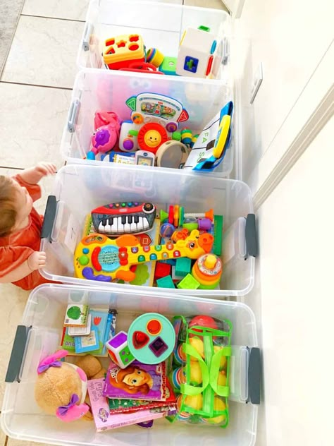 How to set up a daily toy rotation. We saw so many benefits when we implemented this in our home. Much more independent play from our toddlers, less toy clutter and less clean up time. A great way to keep your children stimulated and interested with the toys they have! How To Store Toys For Rotation, 12 Month Old Toy Rotation, Little People Storage Ideas Fisher Price, Toy Rotation Categories, Toddler Toy Organization, Toy Rotation Storage, Toy Rotation System, Organize Toddler Toys, Toddler Cleaning