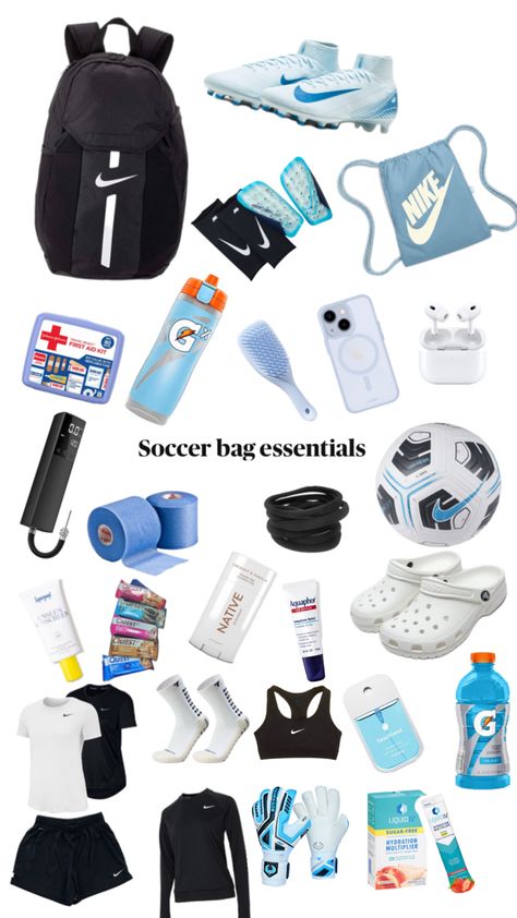 I recommend having this stuff in your soccer bag! 🩵⚽️🫶🏻 Soccer Bag Essentials, Cute Soccer Pictures, Casual Athletic Outfits, Soccer Skills Training, Womens Soccer Cleats, Soccer Essentials, Soccer Hairstyles, Football Bag, Soccer Bag