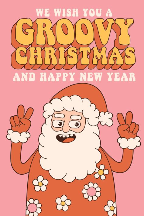 Christmas Design Ideas Poster, Christmas Smiley Face Wallpaper, Groovy Christmas Wallpaper, Pink Christmas Collage, Santa Claus Background, Retro Cartoon Style, Santa Illustration, Dead Note, Groovy Christmas