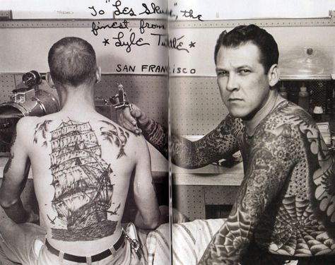 These days, tattoos are so commonplace in the U.S. military that every branch has its own policy as part of its uniform regulations, but a few years ago that wasn’t the case. The U.S. Navy, however, has a long tradition of tattoos. Here’s the meaning behind a few of the classics: 1. Fully-Rigged Ships A … Lyle Tuttle, Sf Tattoo, Marine Tattoos, Traditional Sailor Tattoos, Navy Tattoos, Vintage Tattoos, Stormy Waters, Sailor Tattoos, Vintage Tattoo Design