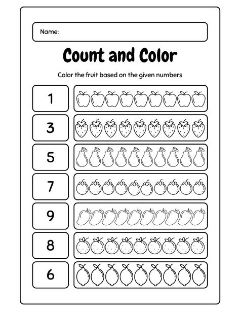 Preschoolers or school age children can count and color the fruit. Counting Worksheets For Kindergarten, Pre K Worksheets, Counting Worksheets, Free Preschool Worksheets, Free Kindergarten Worksheets, Printable Preschool Worksheets, Math Counting, Math Coloring, Number Worksheets