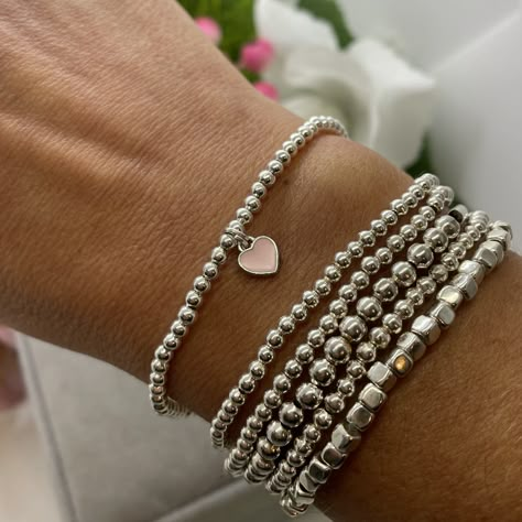 Beaded Bracelets Silver, Silver Beads Bracelet, Prom Scrapbook, Pink Heart Bracelet, Silver Beaded Bracelets, Silver Bracelet Stack, Bracelet Layering, Silver Beaded Bracelet, Silver Heart Bracelet