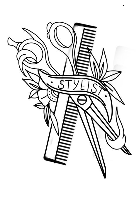 Hairdresser Art Painting, Hair Stylist Art Painting, Dog Grooming Scissors Tattoo, Hair Dresser Art, Hairstylist Doodles, Barber Drawing Ideas, Cosmetology Painting, Cosmetology Drawing, Scissors Tattoo Design