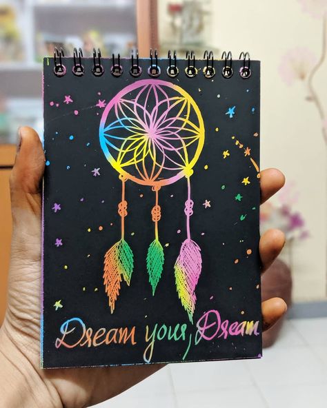 Loving this scratch book😍  #art  Dream catcher in a scratch book. Colorful in it's own way 🥰 Paintings On Sketch Book, Black Paper Art Ideas Creative, Scratch Paper Art Ideas, Scratch Book Ideas, Scratch Book Art, Scratch Art Ideas Easy, Scratch Art Designs, Rainbow Scratch Art Ideas, Scratch Art Ideas