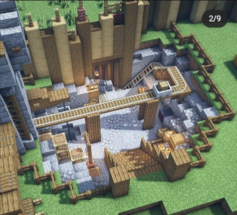 Minecraft Mine House Ideas, Minecraft Mining Village, Minecraft Survival Village Ideas, Minecart Station Minecraft, Mining Outpost Minecraft, Minecraft Mine Cart Station, Minecraft Incinerator, Medieval Mine Minecraft, Minecraft Railway Ideas Underground