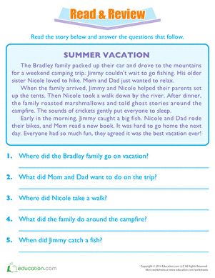 Can your student recall what kinds of things the Bradley family did while they were on summer vacation? Students will read and answer questions about the Bradley family’s summer vacation. Kids will learn the importance of paying close attention to their reading. #educationdotcom Summer Vacation Worksheet, Formal Letter Writing, Main Idea Worksheet, Reading Comprehension Practice, First Grade Reading Comprehension, Holiday Worksheets, Writing Lesson Plans, Family Worksheet, Past Simple