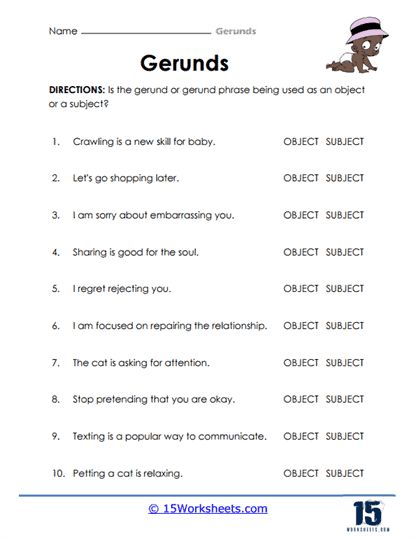 Gerunds Worksheet, Gerund Phrases, Grammar, A Series, Subjects, Writing