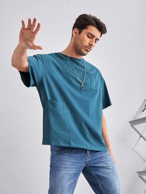 Teal Blue Casual  Short Sleeve Cotton Plain  Embellished Slight Stretch Summer Men Tops Drop Shoulder Tee Men, Blue Tee Outfit Men, Blue Tee Outfit, Teal Shirt, Drop Shoulder Tee, Theatre Design, Blue Tee, Men Tops, Tee Outfit