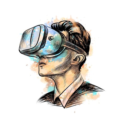 Man wearing virtual reality headset from a splash of watercolor, hand drawn sketch. Vector illustration of paints Virtual Reality Headset, Virtual Reality, Headset, Hand Drawn, Sketch