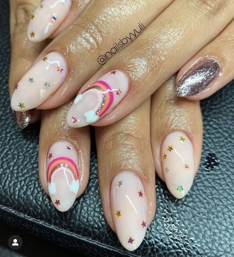 Candy Heart Nail Art, Disco Ball Nail Art, Rainbow Heart Nails, Disco Nails Designs, Valintens Nail Ideas, Nails With Different Designs, Pisces Nails Designs, Disco Ball Nails, Single Nails