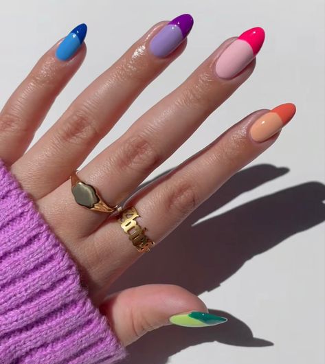 Brightly Colored Nails, Nail Art Colorful, Nails And Rings, Colourful Acrylic Nails, Nail 2022, Rave Nails, Different Color Nails, Colourful Nails, Punk Nails