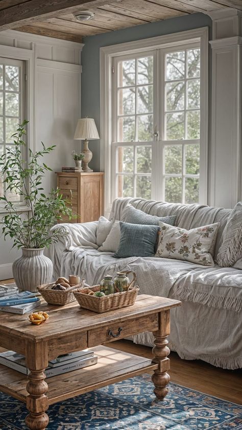 Warm wood tones, soft textiles, and earthy blues create the perfect rustic retreat. A timeless blend of comfort and charm! #RusticHome #CozyLiving #FarmhouseStyle #NeutralDecor Rustic Retreat, Wood Tones, Soft Textiles, Cozy Living Rooms, Cozy Living, Textiles, Living Room, Wood