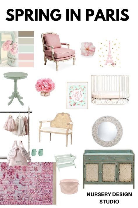 I am so excited to share with you a baby nursery design inspired by the beauty of Paris. The nursery design is high on style, bold, fresh and captures the allure of spring time in Paris. Parisian Garden Nursery, French Themed Nursery, Nursery Parisian, Paris Themed Nursery, Madeline In Paris Nursery, Girls Paris Bedroom, Spring Time In Paris, Paris Nursery, Nursery Design Board