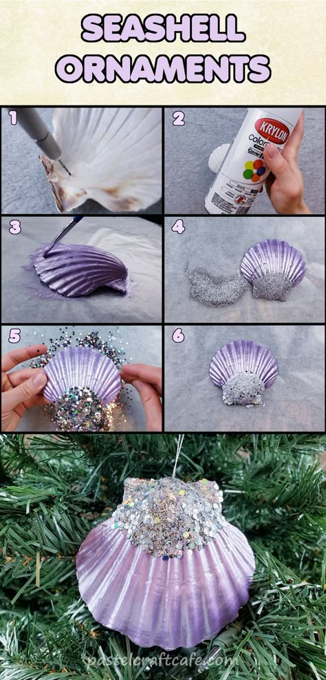 Text "Seashell Ornaments"
1. Hand drill making a hole in a seashell
2. A can of white primer spray paint
3. A paintbrush painting a seashell
4. A seashell with fine silver glitter
5. A seashell with chunky holographic glitter
6. A seashell with Mod Podge on it
7. A finished glitter seashell ornament hanging on a Christmas tree Diy Crafts Using Seashells, Diy Projects With Seashells, Seashell Souvenir Diy, Painted Seashell Crafts, What To Make Out Of Seashells, Shells Christmas Decorations, Diy Mermaid Ornament Ideas, Shell Ornaments Diy Seashell Crafts, Sea Shell Gifts Diy Ideas