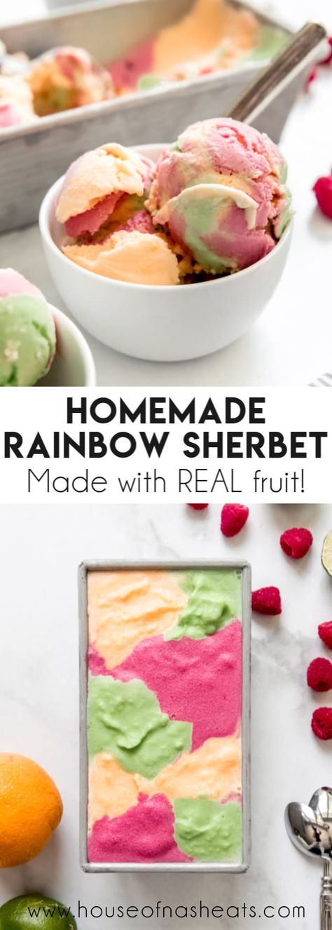 Homemade Rainbow Sherbet made with real fruit juices and purees is a bright, refreshing dessert that is even better than the sherbet you can get at the store! Serve it in a cone or a bowl, or add scoops of it to a punch bowl with soda and other fruit juices for a delicious, easy punch! #sherbet #sherbert #icecream #best #easy #homemade #recipe #punch #orange #rainbow #rainbowsherbet #howtomake Sherbet Recipes, Frozen Treats Recipes, Easy Punch, Orange Rainbow, Ice Cream Maker Recipes, Rainbow Sherbet, Homemade Ice Cream Recipes, Sorbet Recipes, Fruit Juices