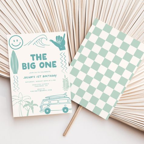 The Big One Birthday Invitation Template, Surf, Wave, Beach Birthday Invite, Summer, Surfboard Birthday Invite, 1st Birthday, First 5818 - Etsy The Big One Invitation Template, Toddler Beach Birthday Party, Summer First Birthday Party Boy, First Wave Birthday, Beach Themed First Birthday, Summer First Birthday Theme, Summer 1st Birthday Party Ideas, Pool Party 1st Birthday, Ocean First Birthday