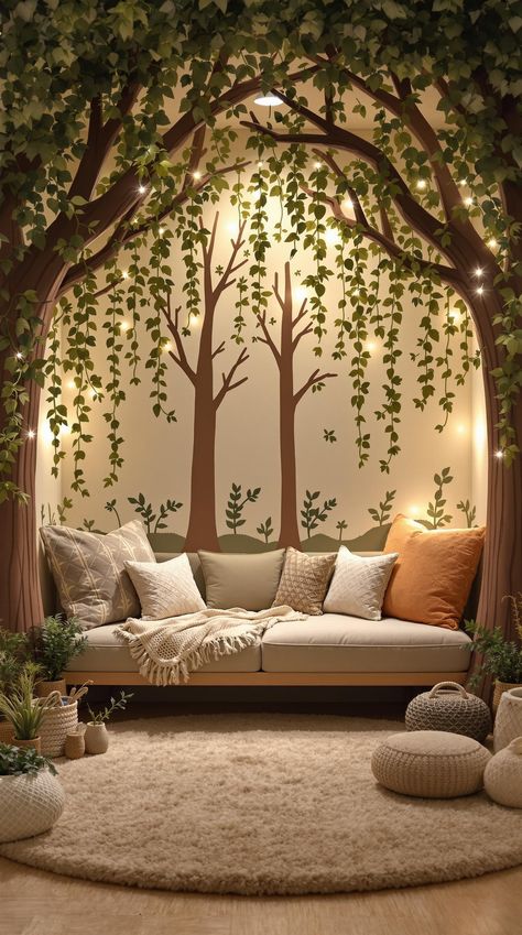 Boho Playroom Ideas Tree In Playroom, Reading Tree Corner, Forest Playroom Ideas, Fairy Reading Nook, Forest Theme Playroom, Forest Themed Playroom, Hygge Playroom, Playroom Light Fixture, Boho Playroom Ideas