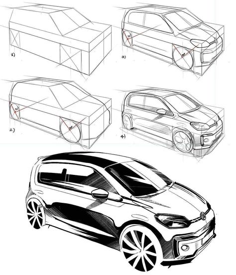 Sketches Industrial Design, Car Drawing Sketches, Beetle Drawing, Learning Drawing, Sketch Tutorial, Draw A Car, Vw Up, Drawing Machine, Car Drawing