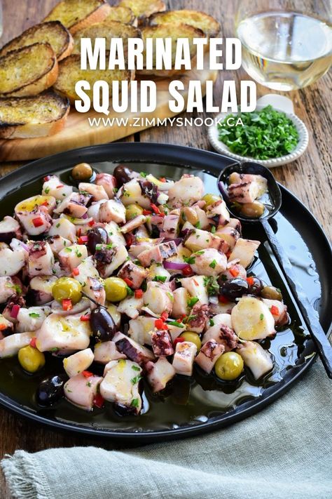 Marinated Squid Recipes, Marinated Seafood Salad, Canned Squid Recipes, Japanese Squid Salad Recipe, Marinated Salads, Squid Salad Recipe, Fish Starter Recipes, Marinated Steak Recipes, Calamari Salad