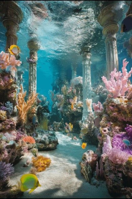 Pretty Underwater Pictures, Beautiful Underwater Pictures, Underwater Photography Aesthetic, Mythical Underwater Creatures, Coral Reefs Aesthetic, Underwater Kingdom Aesthetic, Underwater City Aesthetic, Underwater Moodboard, Underwater Grotto