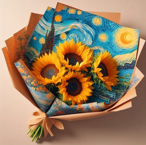 Van Gogh Flower Bouquet, Van Gogh Bouquet, Flower Bouquet Ideas Gift, Sunflower Bouquet Gift, Bouquet With Sunflowers, Book Bouquet, Van Gogh Flowers, Sunflowers Bouquet, Diy Sunflower