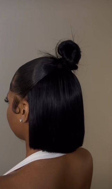 Relaxed Hair Bob Black Women, Short Bob Ponytail, Bob Half Up Half Down, Short Bob Weave, Bob Install, Short Hair Top Knot, Bun With Bangs, Latest Hair Braids, Twisted Hair