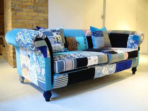 6 Original Patchwork Ideas Adding Stylish Accents to Modern Interior Design and Decor Denim Furniture, Patchwork Upholstery, Patchwork Furniture, Patchwork Sofa, Upholstery Trends, Wood Bedroom, Funky Furniture, Chesterfield Sofa, Sofa Armchair