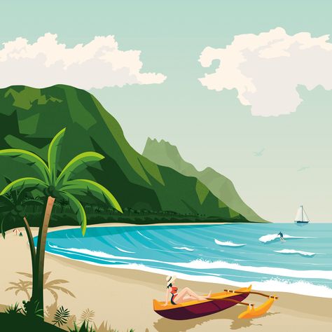 American Travel Posters, Honolulu Beach, Hawaii Art Print, Boat Illustration, Hawaii Art, Mountain Illustration, Beach Illustration, Poster Illustration, Travel Illustration