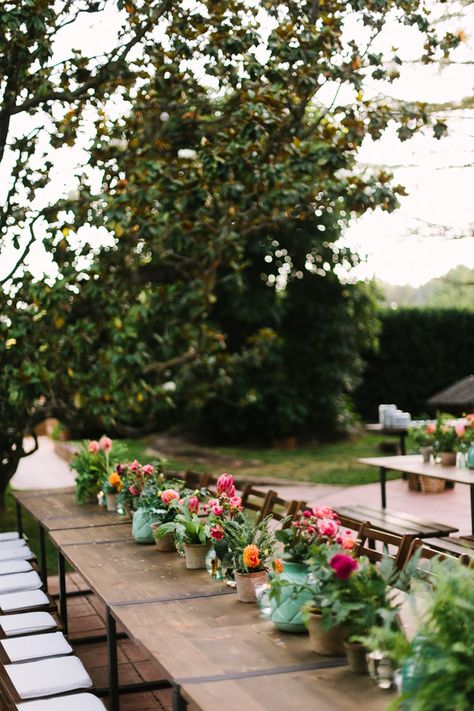 Outdoor Reception Plant Pot Wedding Flowers - Diez & Bordons Photography | Outdoor Destination Spanish Wedding at Masía Ribas | Rustic Trestle Tables with Vibrant Plant Pot Decor | Xavier González Wedding Dress Potted Plant Centerpieces, Retreat Food, Plant Pot Decor, Wedding Ideas 2024, Plant Centerpieces, Vintage Wedding Ideas, Flower Table Decorations, Trestle Tables, Pot Decor