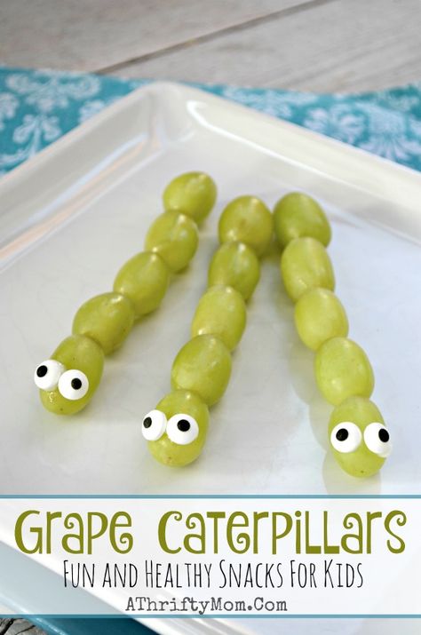 Fun and Healthy Snacks for kids, Funny lunch ideas, April Fools ideas for kids, Preschool party food, Grape caterpillars Grape Caterpillars, Grapes Candy, Apple Snacks Healthy, Grape Snacks, Edible Playdough, Apple Snacks, Snacks Ideas, Snacks For Kids, Preschool Snacks