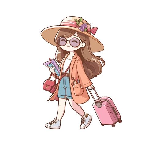 Vector woman going to travell ai generat... | Premium Vector #Freepik #vector #tourist #chibi #summer-fashion #fashion-girl Avatar Drawing, Backpack Drawing, Nanak Jayanti, Inktober 2024, Time Cartoon, City Cartoon, Travel Drawing, Dancing Baby, Girls Clips