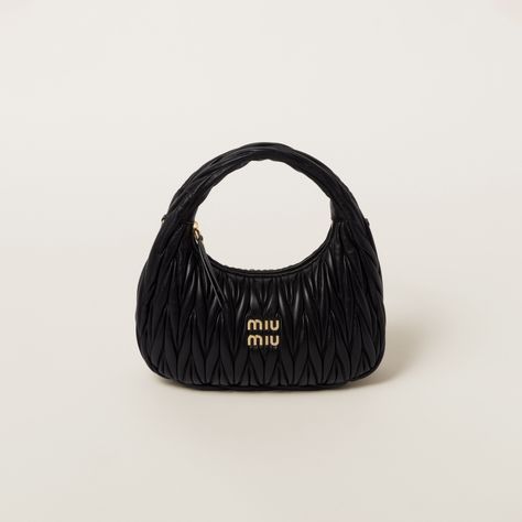 Black Wander Matelassé Nappa Leather Hobo Bag | Miu Miu Miu Miu Wander, Metal Lettering, Miu Miu Handbags, Miu Miu Bag, Wicker Bags, Lettering Logo, Leather Hobo Bag, Sand Beige, Metal Logo