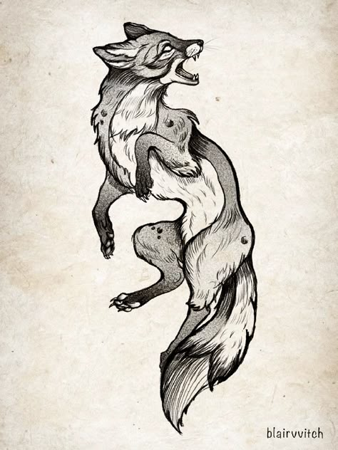 Full Body Fox Tattoo, Creepy Animals Drawings, Fox Skull Illustration, Fox Hound Tattoo, Fox Art Tattoo, Fox Chasing Rabbit Tattoo, Blackwork Fox Tattoo, Spirit Fox Tattoo, Fox Shoulder Tattoo