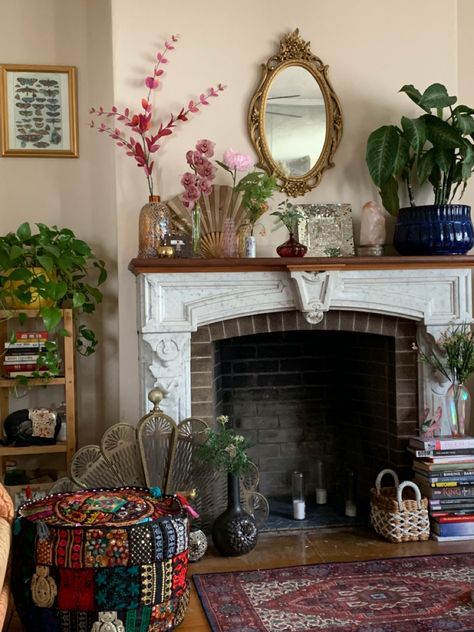 Quirky Mantle Decor, Airy Maximalist Decor, Farmhouse Maximalist Decor, Maximalist Decor Fireplace, Mantel Decorating Ideas Maximalist, Soft Maximalist Decor, Mantle Decor Maximalist, Country Maximalism, Maximalist Fireplace Mantle