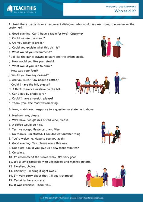 ESL Ordering at a Restaurant Worksheet - Reading and Writing Activity - Pre-intermediate - 20 minutes In this restaurant dialogue worksheet, students practice language for ordering food and drink. Conversation At The Restaurant, Restaurant Dialogue English, How To Order Food In English, Ordering Food Worksheet, Dialogue Writing Worksheets, Dialogue Worksheet, Reading Restaurant, Daily Use Words, English Conversation Learning