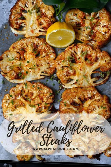 Grilled Cauliflower Steaks Grilled Cauliflower Salad, Sides With Grilled Steak, Cauliflower Steaks Bbq, Marinated Cauliflower Steak, Coliflower Steak Roasted, Grilled Califlour Recipes, Cauliflower Steaks Roasted Parmesan, Grilled Cauliflower Steaks Recipes, Coliflower Steak Recipes