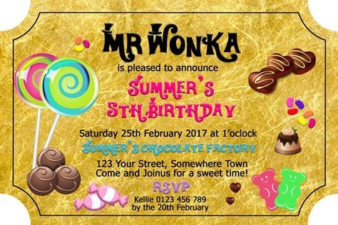 willy wonka Golden ticket birthday party invitation Golden Ticket Birthday, Willy Wonka Golden Ticket, Wonka Golden Ticket, Chocolate Factory Party, Willy Wonka Party, Charlie And The Chocolate Factory, Candy Birthday Party, Chocolate Party, Golden Ticket