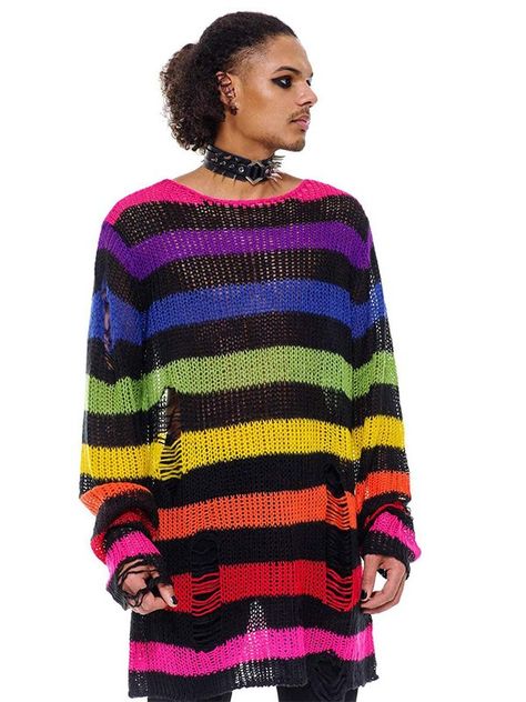 Lazy Punk Oversized Cutout Color-block Stripes Knitted Sweater Free Crochet Sweater Patterns, Free Crochet Sweater, Crochet Sweater Pattern, Crochet Shrug Pattern, Sweater Patterns, Crochet Sweater Pattern Free, Rainbow Gradient, Rainbow Outfit, Rainbow Sweater