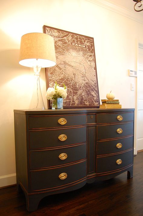 Such a classic beauty.         I love the curves of a bow front piece.  It's so graceful.  I wanted to emphasize the curves on this one... Curved Front Dresser Makeover, Bow Front Dresser Makeover, Curved Dresser Makeover, Redone Dressers, Remade Furniture, Dresser Projects, Bow Front Dresser, Small Dressers, Shabby Chic Buffet