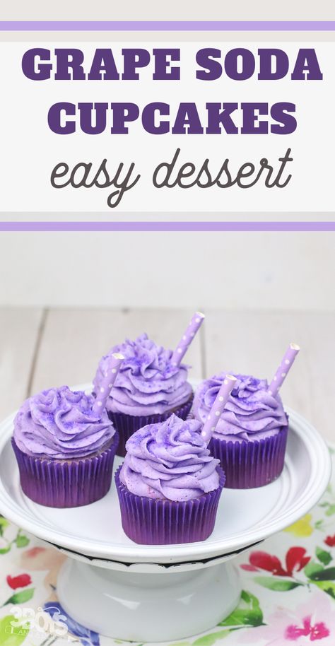 Purple Cake Flavors, Soda Can Cupcakes, Fun Easy Cakes To Make, Grape Cupcake Recipe, Grape Soda Cupcakes, Grape Cake Recipe, Purple Desserts Ideas, Grape Cupcakes, Soda Frosting