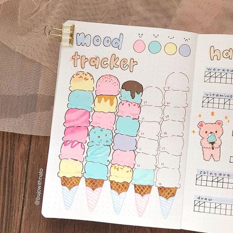 Bullet journal page inspiration. An ice cream cone mood tracker that is so creative and cute. This bullet journal mood tracker uses beautiful pinks, blues, and yellows. Journal Mood Tracker Ideas, Mood Tracker Ideas, Bullet Journal Essentials, Bullet Journal Mood Tracker, Journal Mood Tracker, Bullet Journal Work, Beautiful Dawn, Tracker Ideas, Bullet Journal Ideas Templates