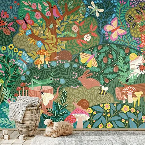 RoomMates RMK12033M Woodland Wonderland Peel and Stick Wall Mural - 10.5 ft. x 6 ft. - - Amazon.com Public Mural, Woodland Mural, Playroom Mural, Woods Design, Woodland Wonderland, Mural Inspiration, Arrangement Of Flowers, Roommate Decor, Garden Mural