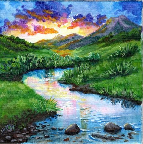 MOUNTAIN MEADOW STREAM Beginners Learn To Paint Acrylic Step By Step Day 12 #acrylicapril2021 | The Art Sherpa Acrylic Step By Step, Painting For Beginners Videos, Canvas Painting For Beginners, Art Sherpa, The Art Sherpa, Mountain Meadow, Landscape Painting Tutorial, Mountain Landscape Painting, Original Canvas Painting