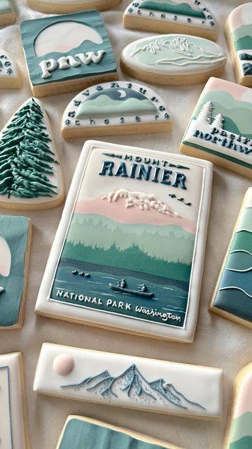 California Cookies Decorated, Camping Theme Cookies Decorated, Alaska Cookies Decorated, Sasquatch Cookies Decorated, Hiking Cookies Decorated, National Park Cookies Decorated, National Park Cookies, Mountain Cookies Decorated, Camping Cookies Decorated