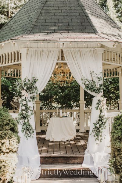 Pavilion Wedding Decorations, Larry Wedding, Gazebo Wedding Ceremony, Outside Wedding Ceremonies, Gazebo Wedding Decorations, Victorian Wedding Themes, September Wedding Colors, White Gazebo, Wildflower Wedding Theme