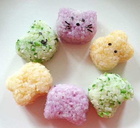 Super cute animal shaped rice balls! Pink Party Foods, Orange Rice, How To Make Pink, How To Make Orange, Kawaii Bento, Green Rice, Colored Rice, Rice Balls, Poke Bowl