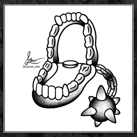 Wind Up Teeth Tattoo, Traditional Teeth Tattoo, Bear Trap Drawing, Bear Trap Tattoo, Trap Tattoo, Jaw Tattoo, Tooth Tattoo, Traditional Tattoo Old School, Bear Trap