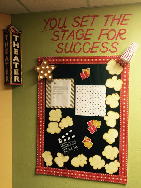 Theatre theme for classroom entrance bulletin board. Call Board Ideas Theatre, Movie Theater Bulletin Board, Movie Theme Classroom Ideas, Lights Camera Action Bulletin Board, Movie Theater Classroom Theme, Movie Theater Classroom Ideas, Theatre Bulletin Board Ideas, Theatre Classroom Ideas, Broadway Bulletin Board